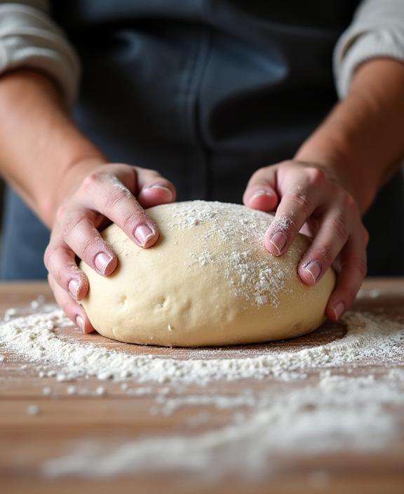 A baker's hands expertly shaping a loaf of sourdough dough on a floured surface.