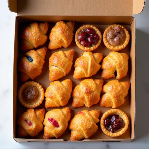 A box of assorted mini pastries for a catering order, ideal for corporate events.