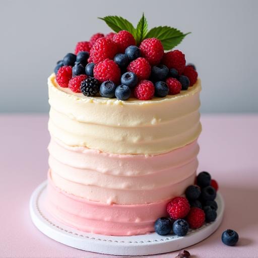A multi-layered birthday cake with fresh berries, perfect for celebrations.