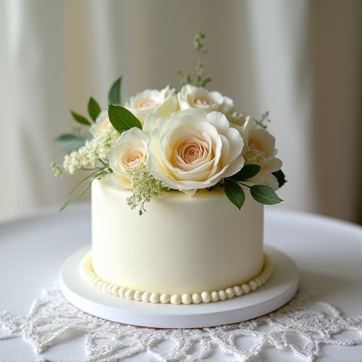 A small, elegant wedding cake with delicate floral decorations.